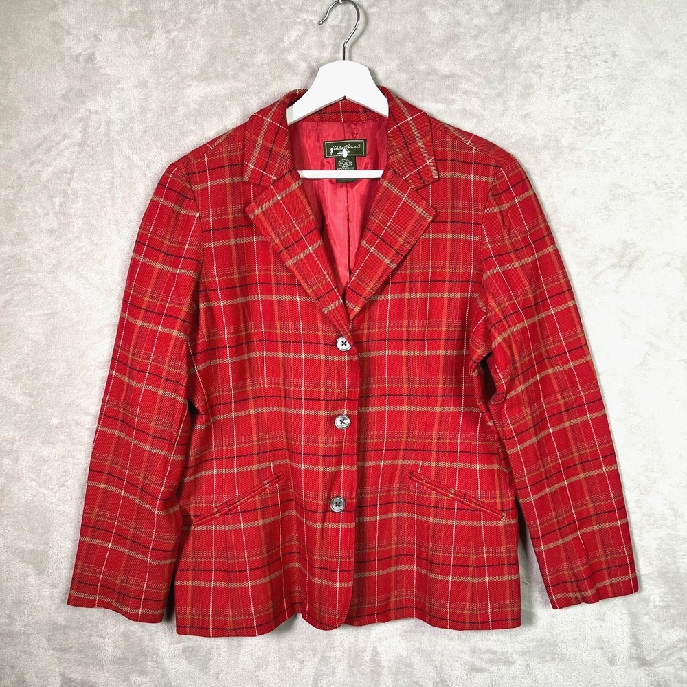 Eddie Bauer Blazer Womens Petite L Red Tartan Plaid Single Breasted Jacket
